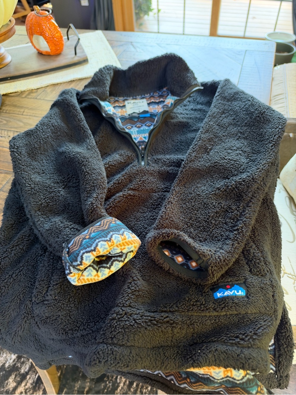 Kavu Black Sherpa Pullover with Multicolor Geometric Trim